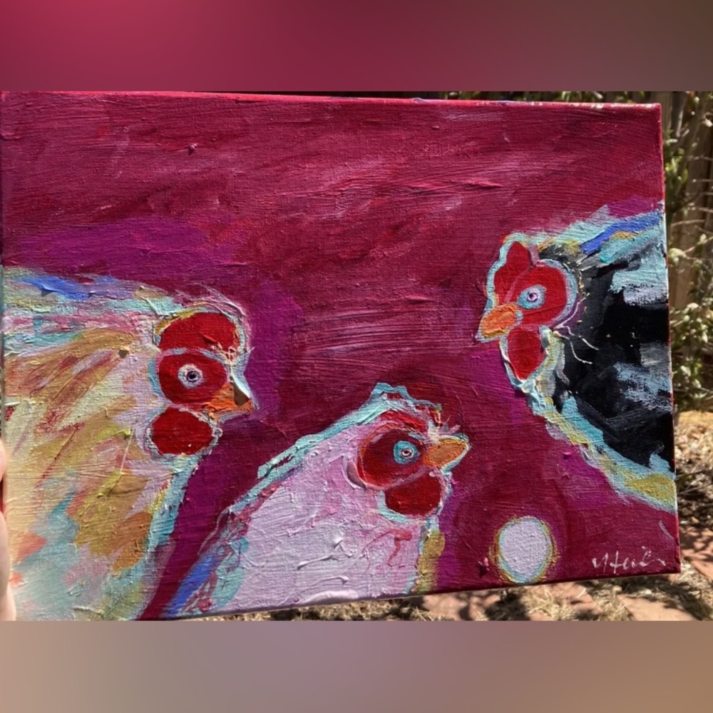 Three Chickens And An Egg””An Acrylic Original Painting 16”x12” On Canvas - Picture 4 of 14